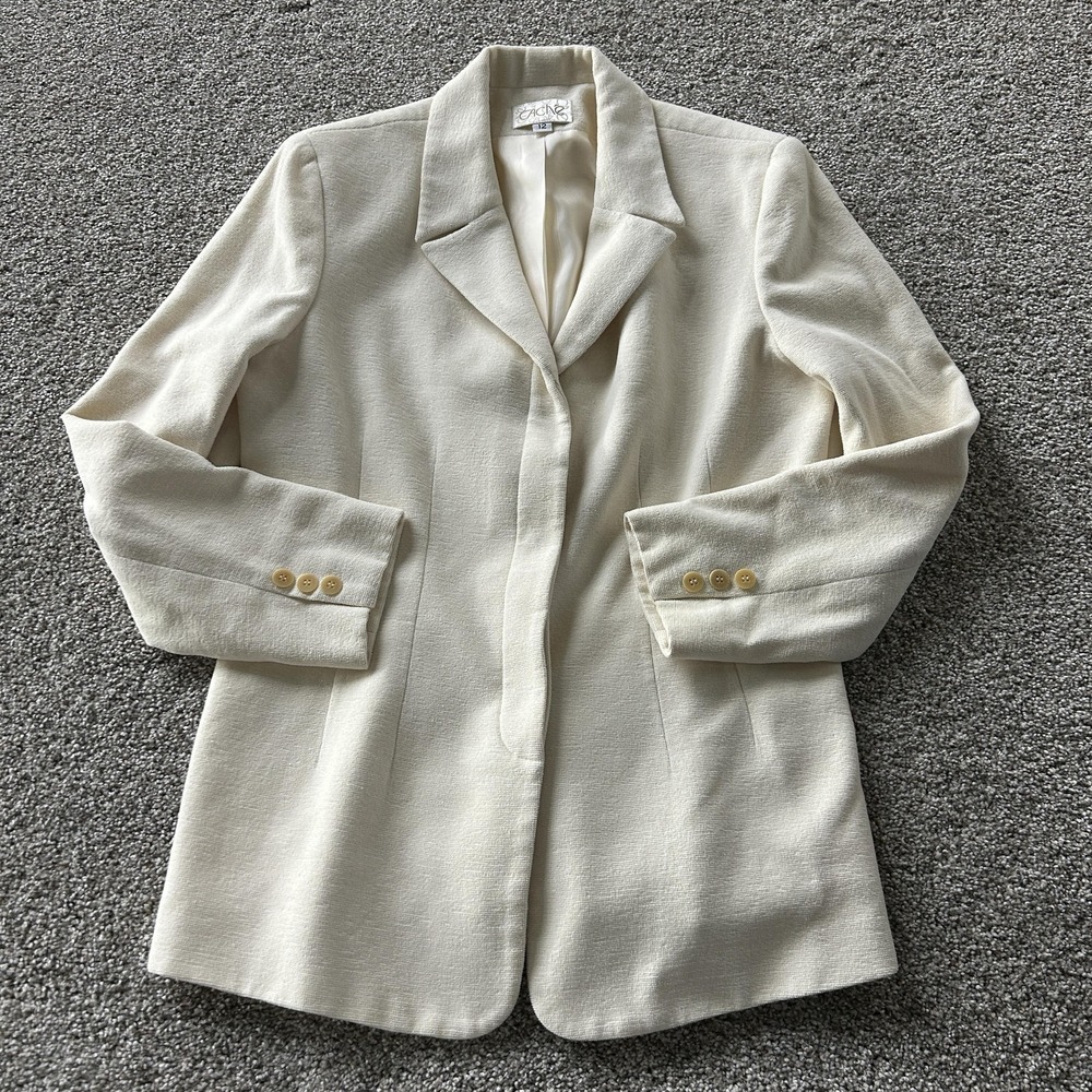 Vintage Cache Blazer Jacket Womens 12 White Open Front Lined Long Textured